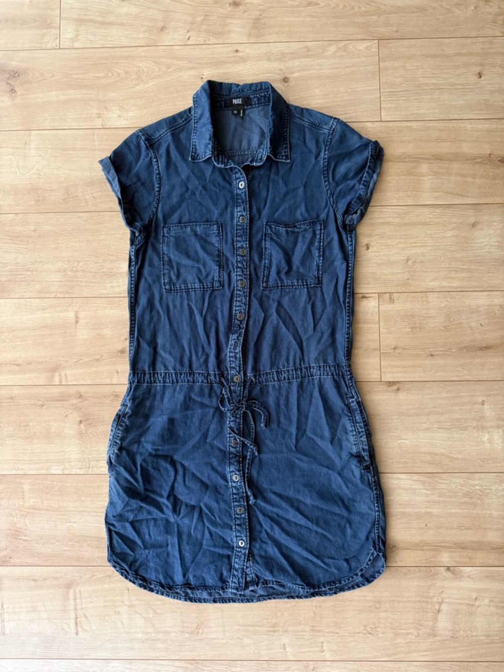 PAIGE Mika Shirt Dress XS Blue Tencel Lyocell Button Front Tie Waist